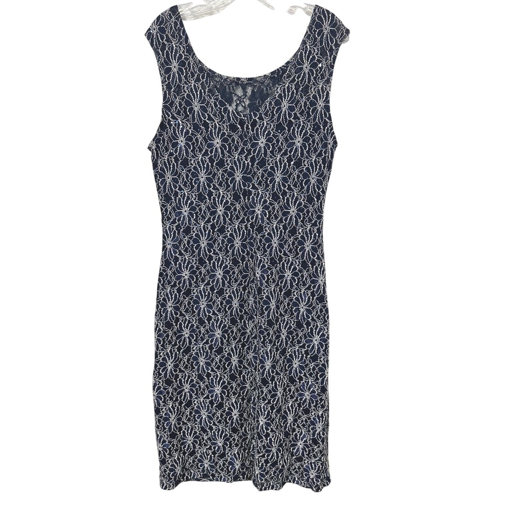 Roz & Ali Sheath Dress Women 14 Navy Blue Silver Floral Lace Sequin Sleeveless